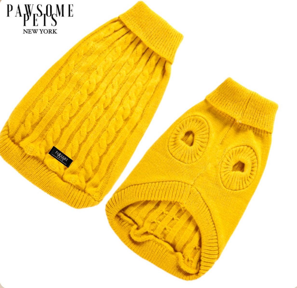 DOG AND CAT CABLE KNIT SWEATER - YELLOW - Pawsomepetsnewyork
