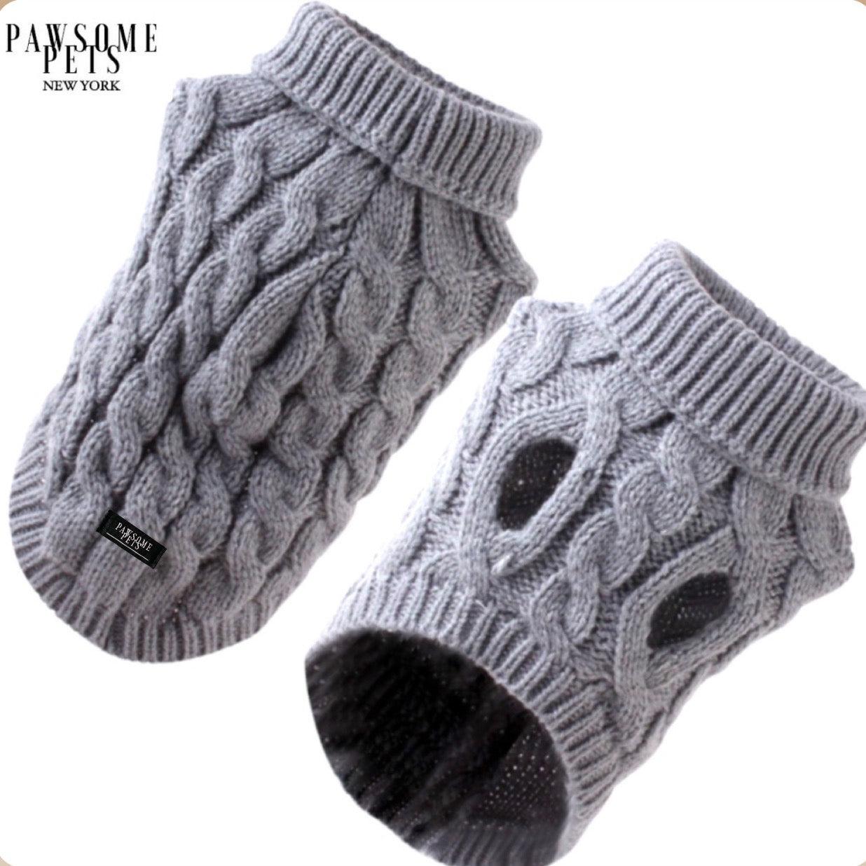 (EXTRA WARM) DOG AND CAT CABLE KNIT SWEATER - GREY - Pawsomepetsnewyork
