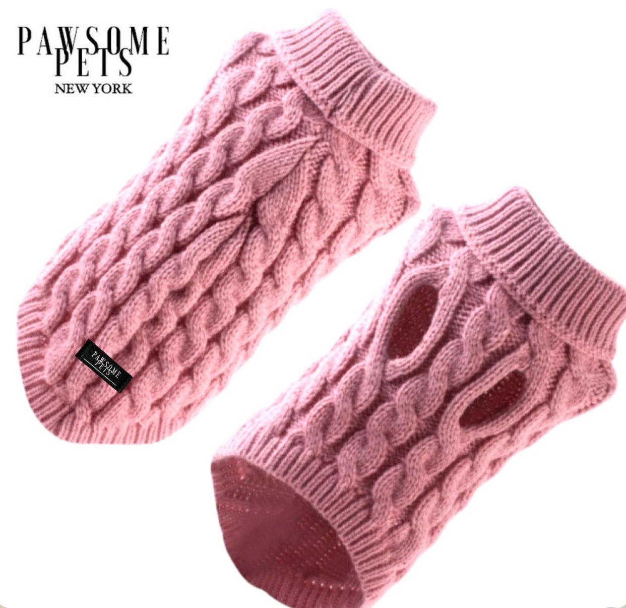 (EXTRA WARM) DOG AND CAT CABLE KNIT SWEATER - PINK - Pawsomepetsnewyork