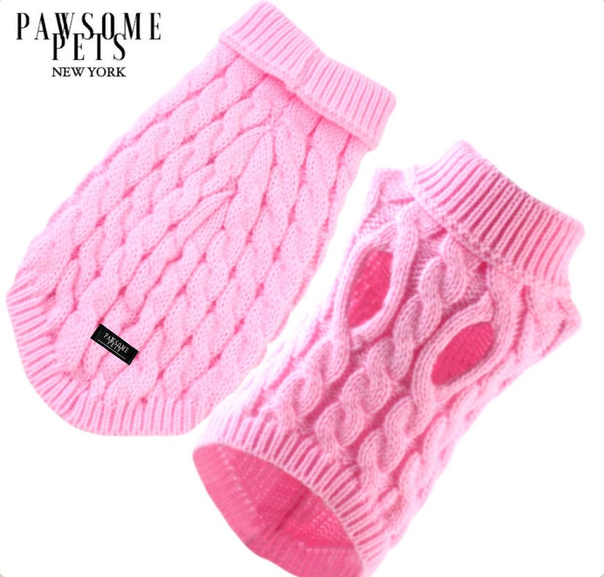 (EXTRA WARM) DOG AND CAT CABLE KNIT SWEATER - PINK - Pawsomepetsnewyork