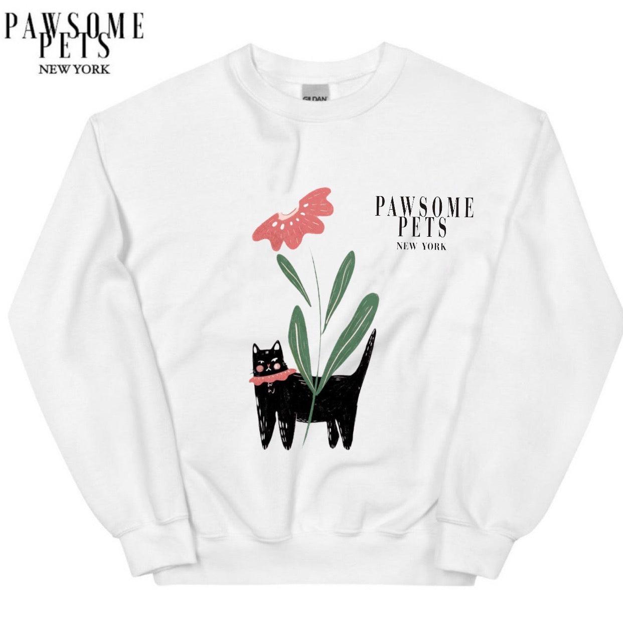 SWEATSHIRT - BLACK CAT WITH FLOWER - Pawsomepetsnewyork