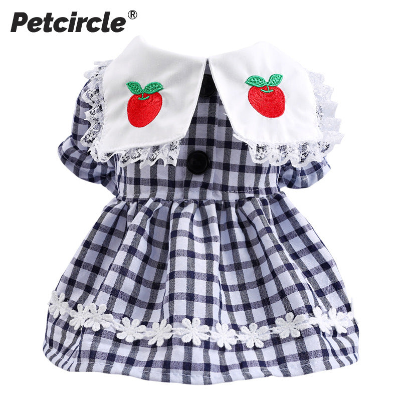 Blue Plaid Apple Elegant Dress Beautiful Princess Dress for Pets Party Wear