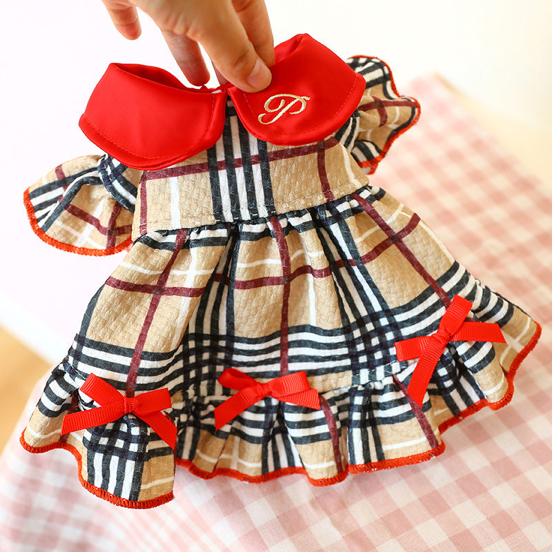 Beige Plaid Elegant Dress Beautiful Princess Dress for Pets Party Wear