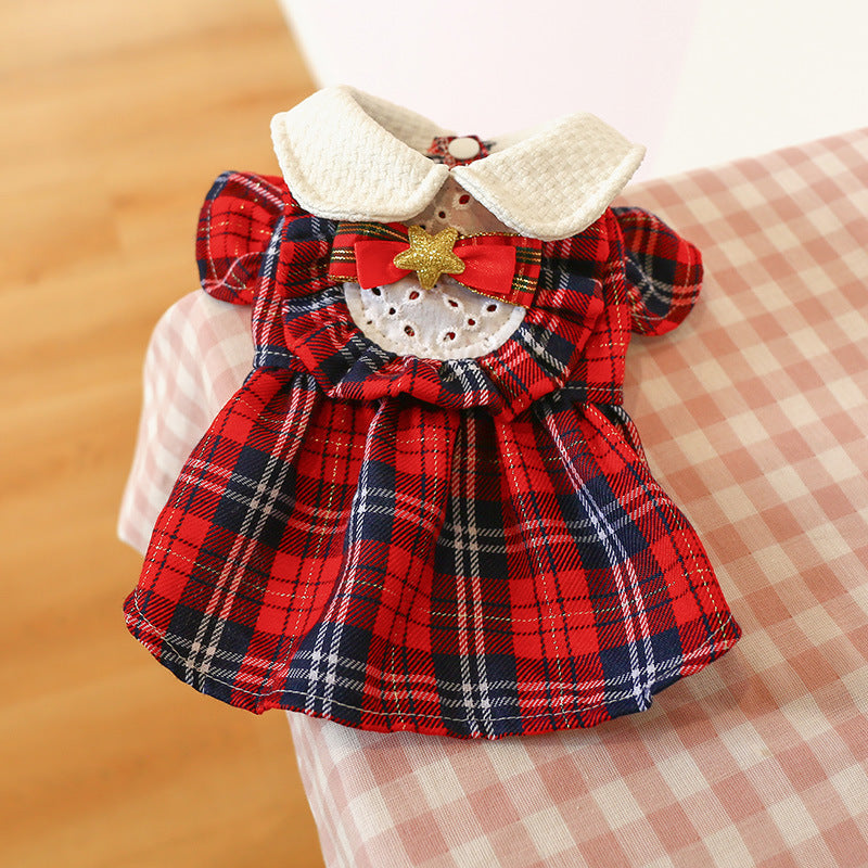 Red Blue Plaid Elegant Dress Beautiful Princess Dress for Pets Party Wear