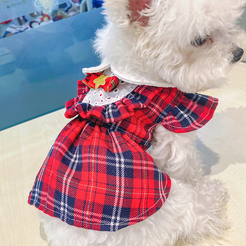 Red Blue Plaid Elegant Dress Beautiful Princess Dress for Pets Party Wear