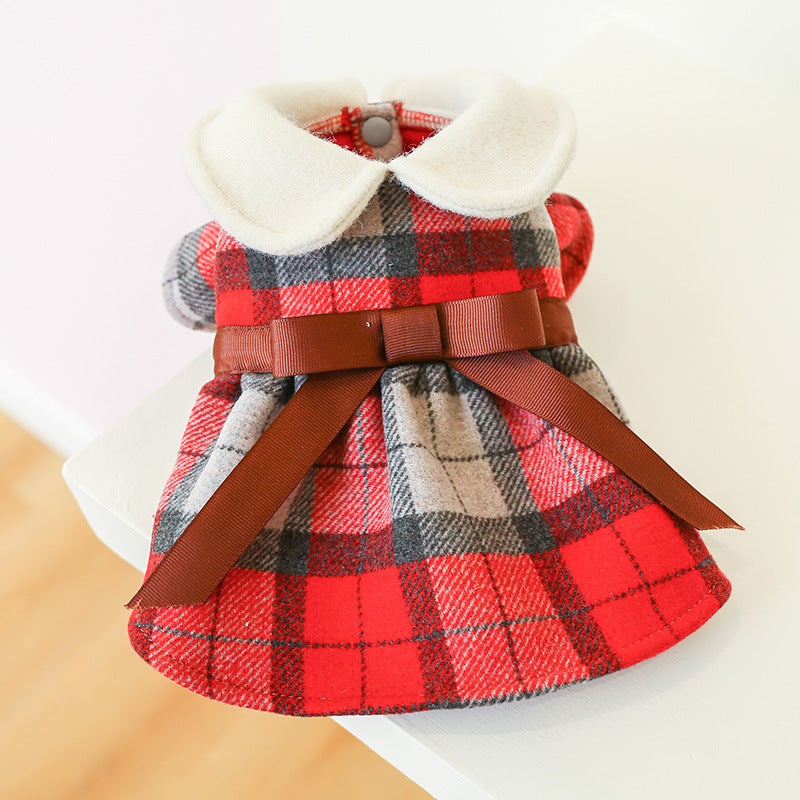 Brown Bow  Red Plaid Elegant Dress Beautiful Princess Dress for Pets Party Wear