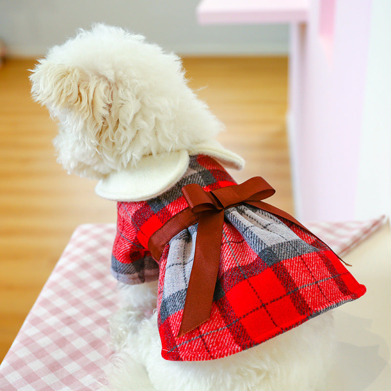 Brown Bow  Red Plaid Elegant Dress Beautiful Princess Dress for Pets Party Wear