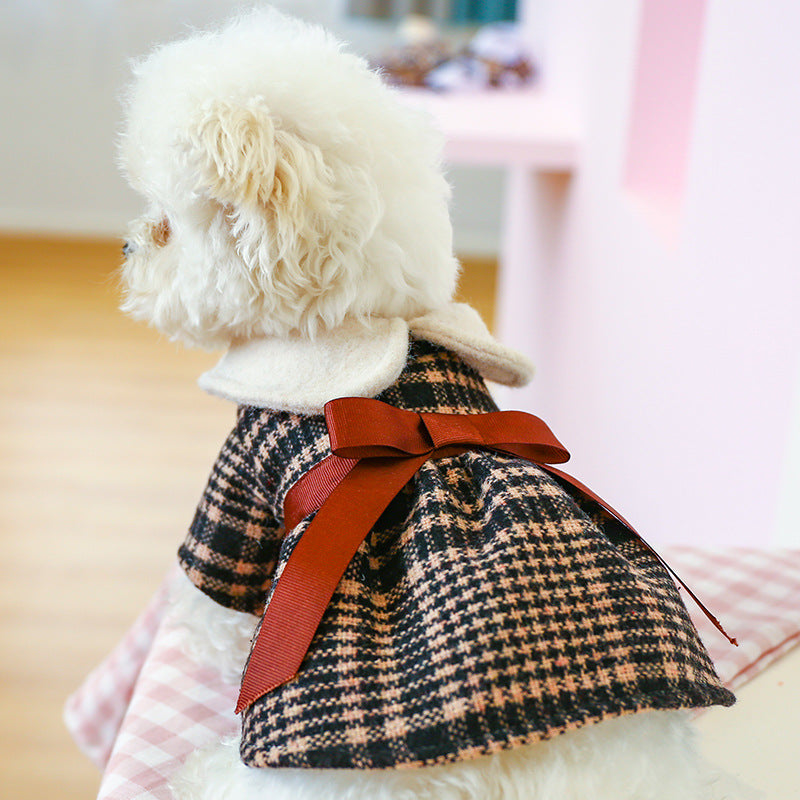 Brown Bow Black Plaid Elegant Dress Beautiful Princess Dress for Pets Party Wear