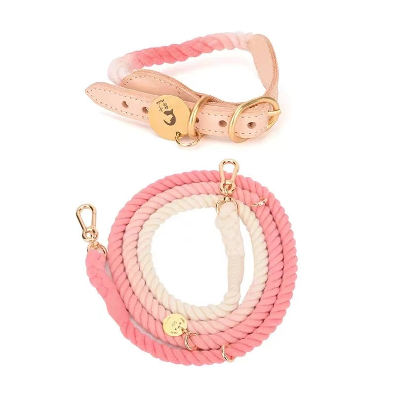 Hands Free Rope Leash and Luxe Royal Leather Collar Bundle - Strawberry Love