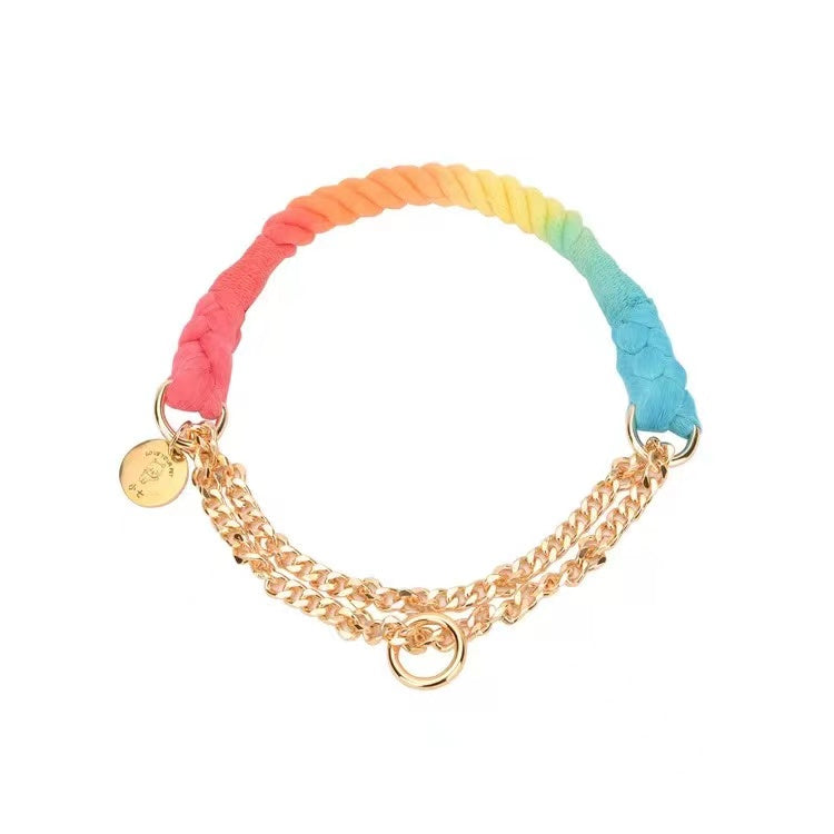 Cotton Rope Collar With Lightweight Gold Chain - Rainbow