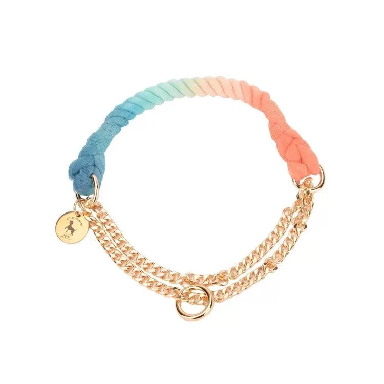 Cotton Rope Collar With Lightweight Gold Chain - Sunset