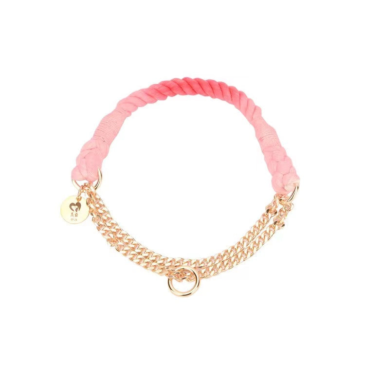 Cotton Rope Collar With Lightweight Gold Chain - Strawberry Love