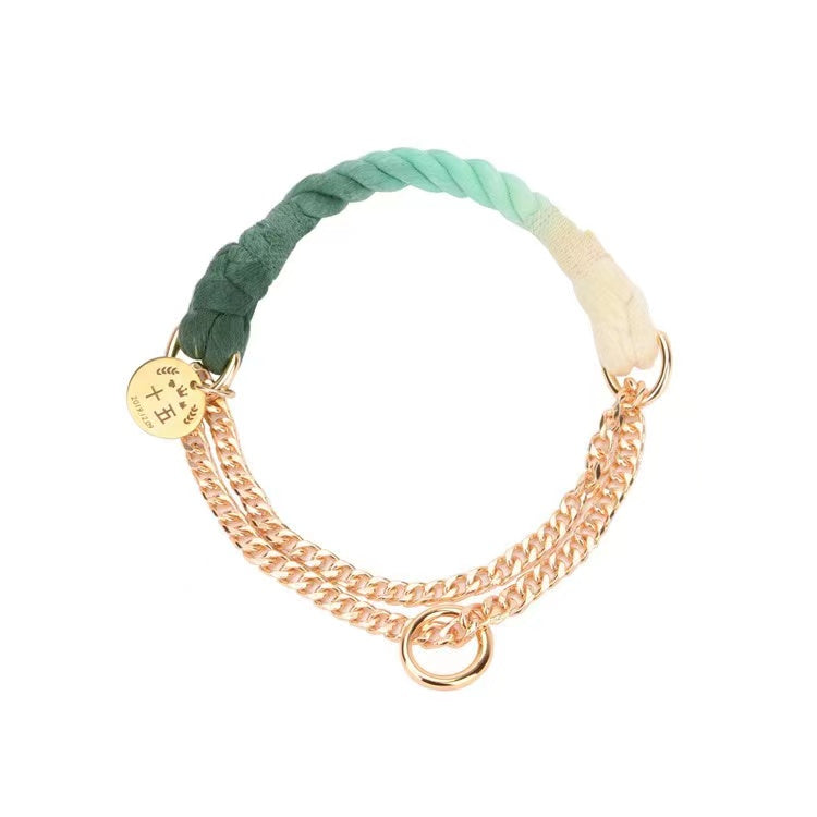 Cotton Rope Collar With Lightweight Gold Chain - Ombré Green