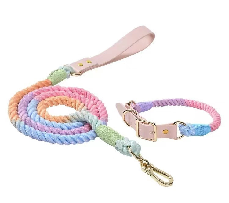 Luxe Royal Leather Rope Leash and Collar Set - Macaron