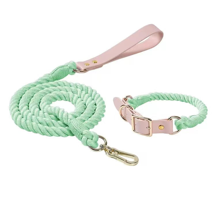 Luxe Royal Leather Rope Leash and Collar Set - Mint Green