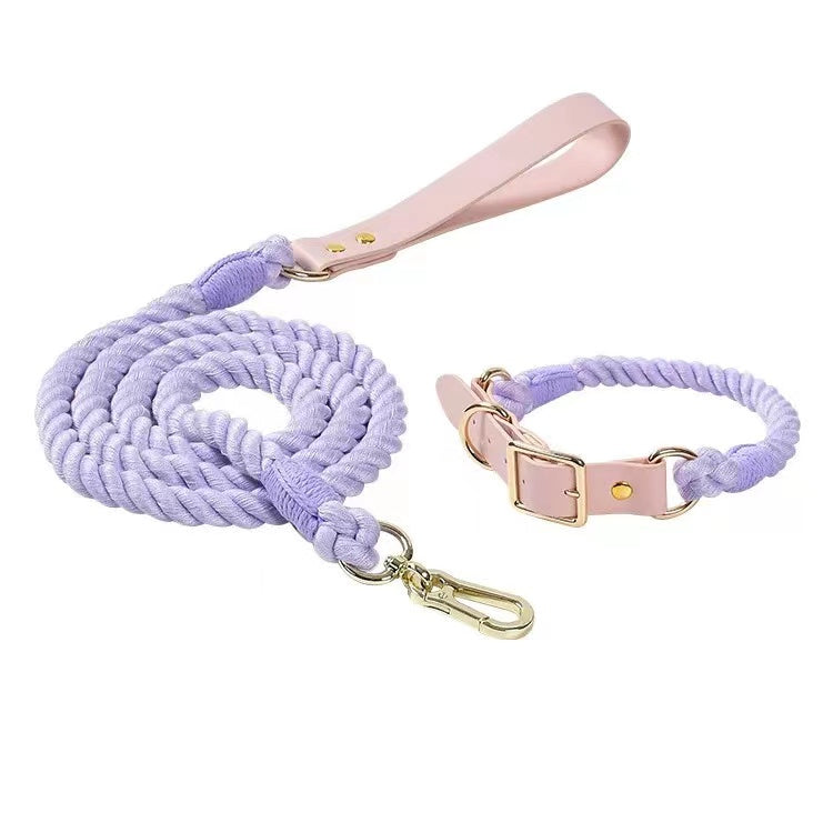 Luxe Royal Leather Rope Leash and Collar Set - Violet