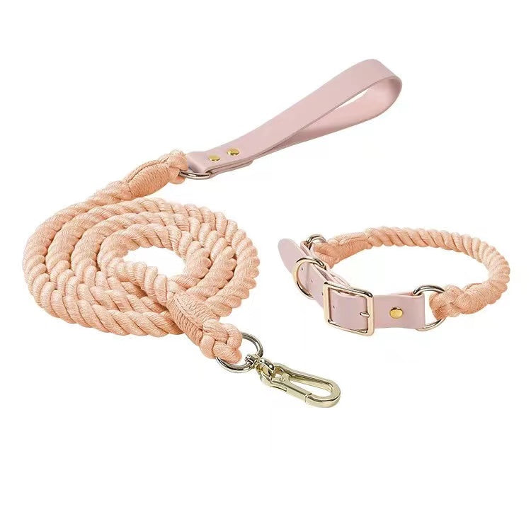 Luxe Royal Leather Rope Leash and Collar Set - Cotton Coral