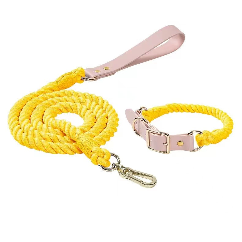 Luxe Royal Leather Rope Leash and Collar Set - Lemon Squeeze