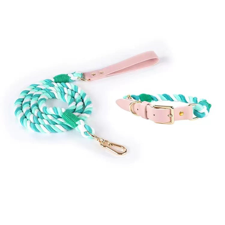 Luxe Royal Leather Rope Leash and Collar Set - Forest Love