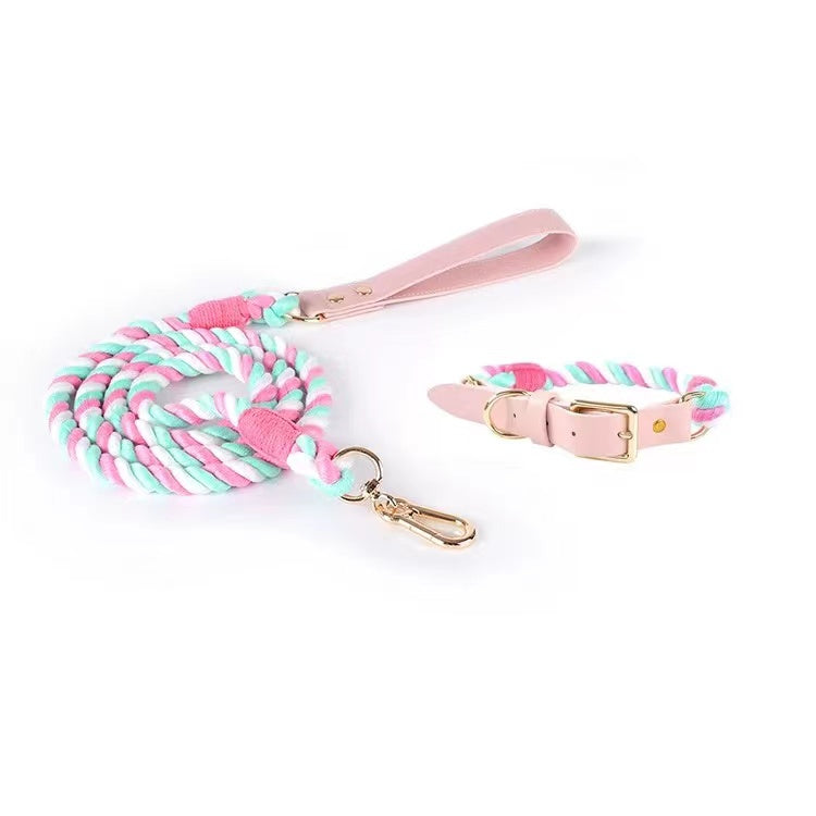 Luxe Royal Leather Rope Leash and Collar Set - Cotton Candy