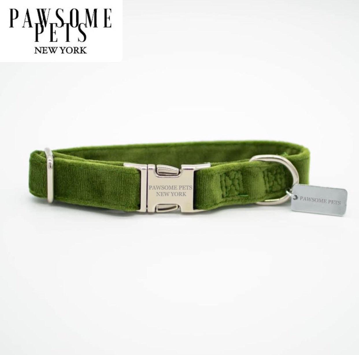 DOG & CAT COLLAR - OLIVE GREEN VELVET - Pawsomepetsnewyork