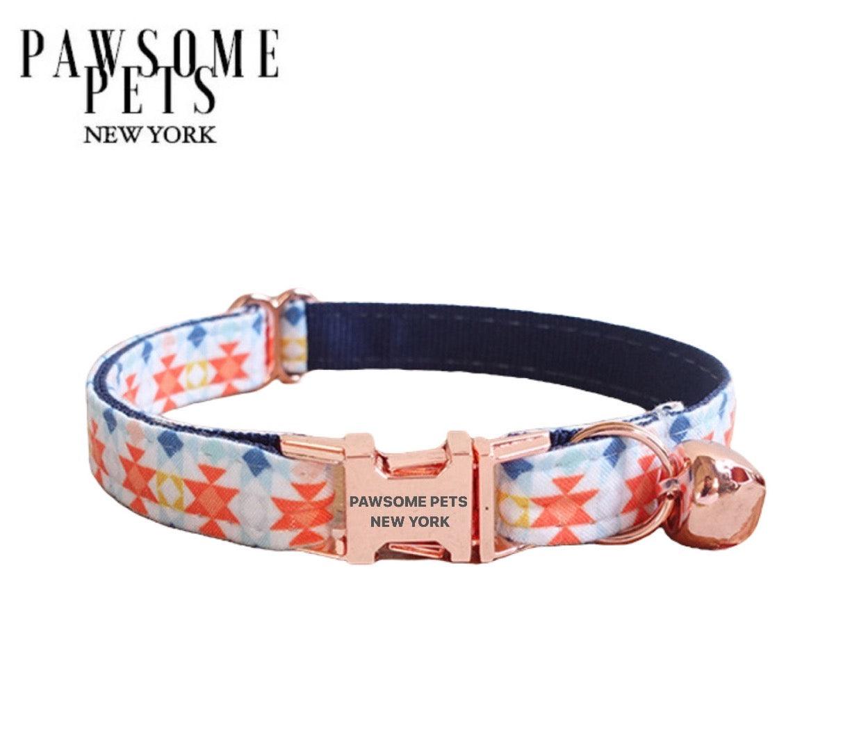 DOG & CAT COLLAR - DARK BLUE WITH ORANGE - Pawsomepetsnewyork