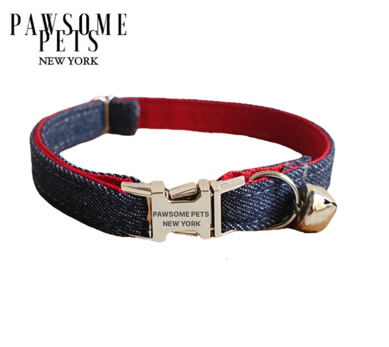 DOG & CAT COLLAR - JEANS BLUE WITH RED - Pawsomepetsnewyork