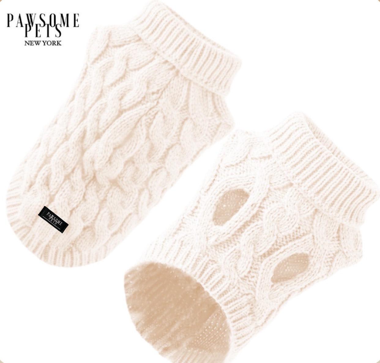 (EXTRA WARM) DOG AND CAT CABLE KNIT SWEATER - WHITE - Pawsomepetsnewyork