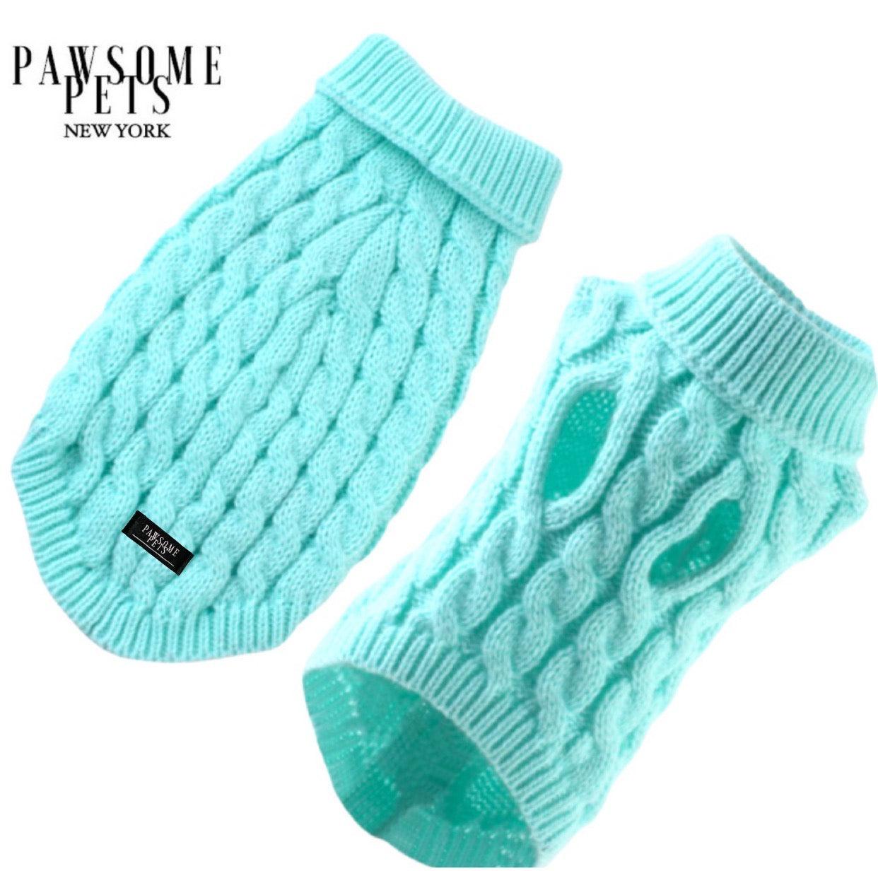 (EXTRA WARM) DOG AND CAT CABLE KNIT SWEATER - MINT GREEN - Pawsomepetsnewyork
