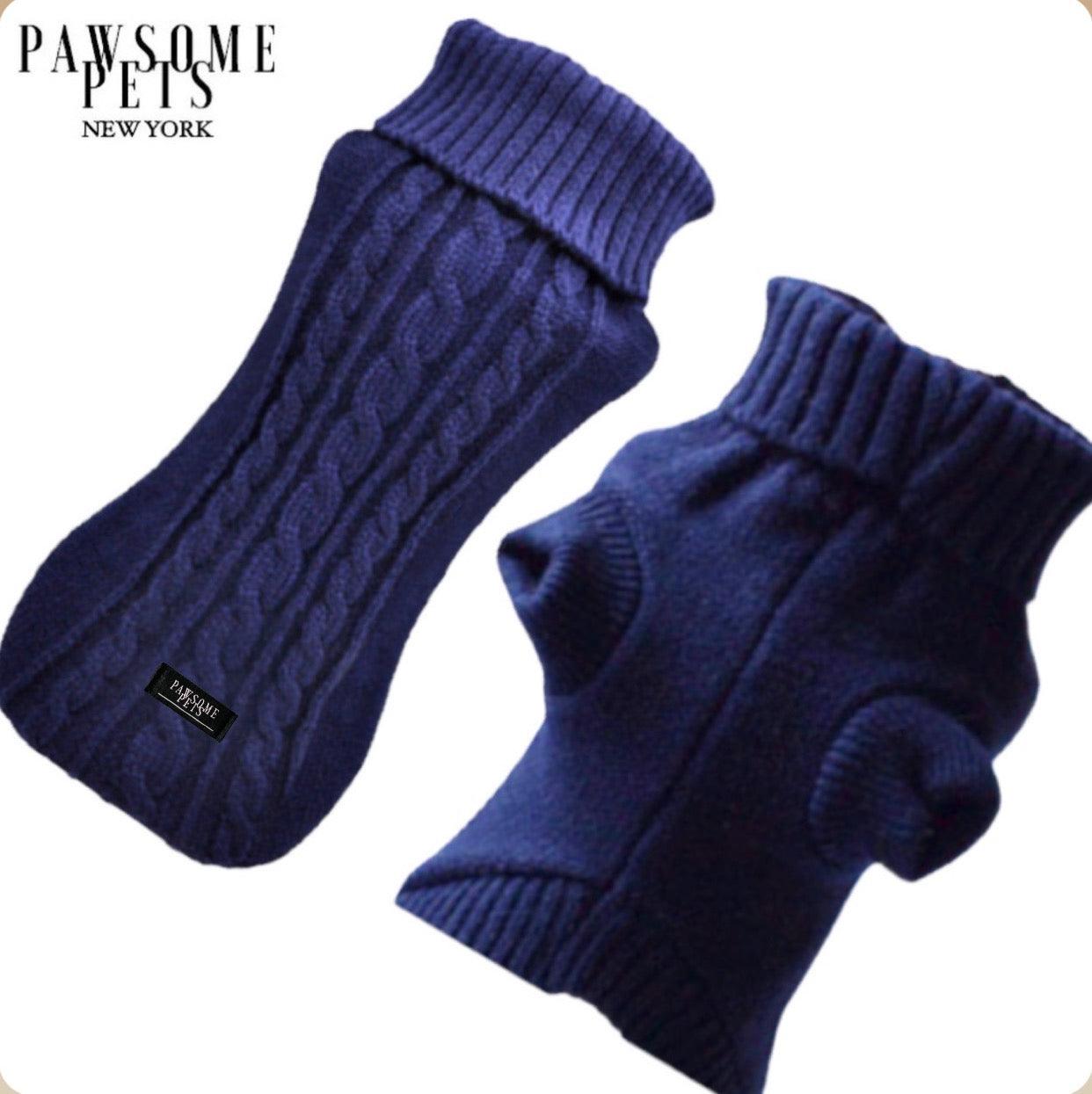 (EXTRA WARM) DOG AND CAT CABLE KNIT SWEATER - NAVY BLUE - Pawsomepetsnewyork
