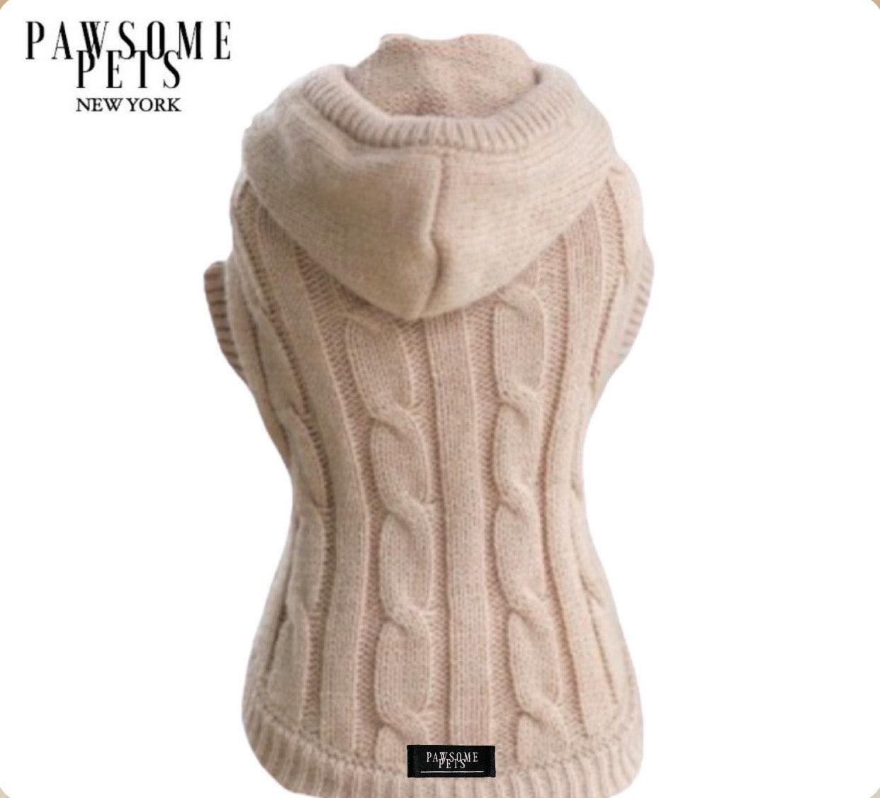 (EXTRA WARM) DOG AND CAT CABLE KNIT SWEATER WITH HAT - BEIGE - Pawsomepetsnewyork