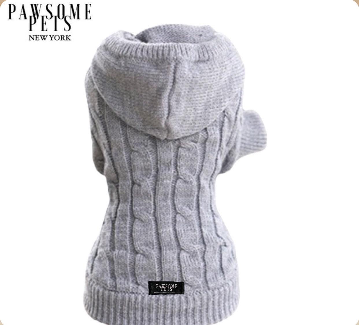 (EXTRA WARM) DOG AND CAT CABLE KNIT SWEATER WITH HAT - GREY - Pawsomepetsnewyork