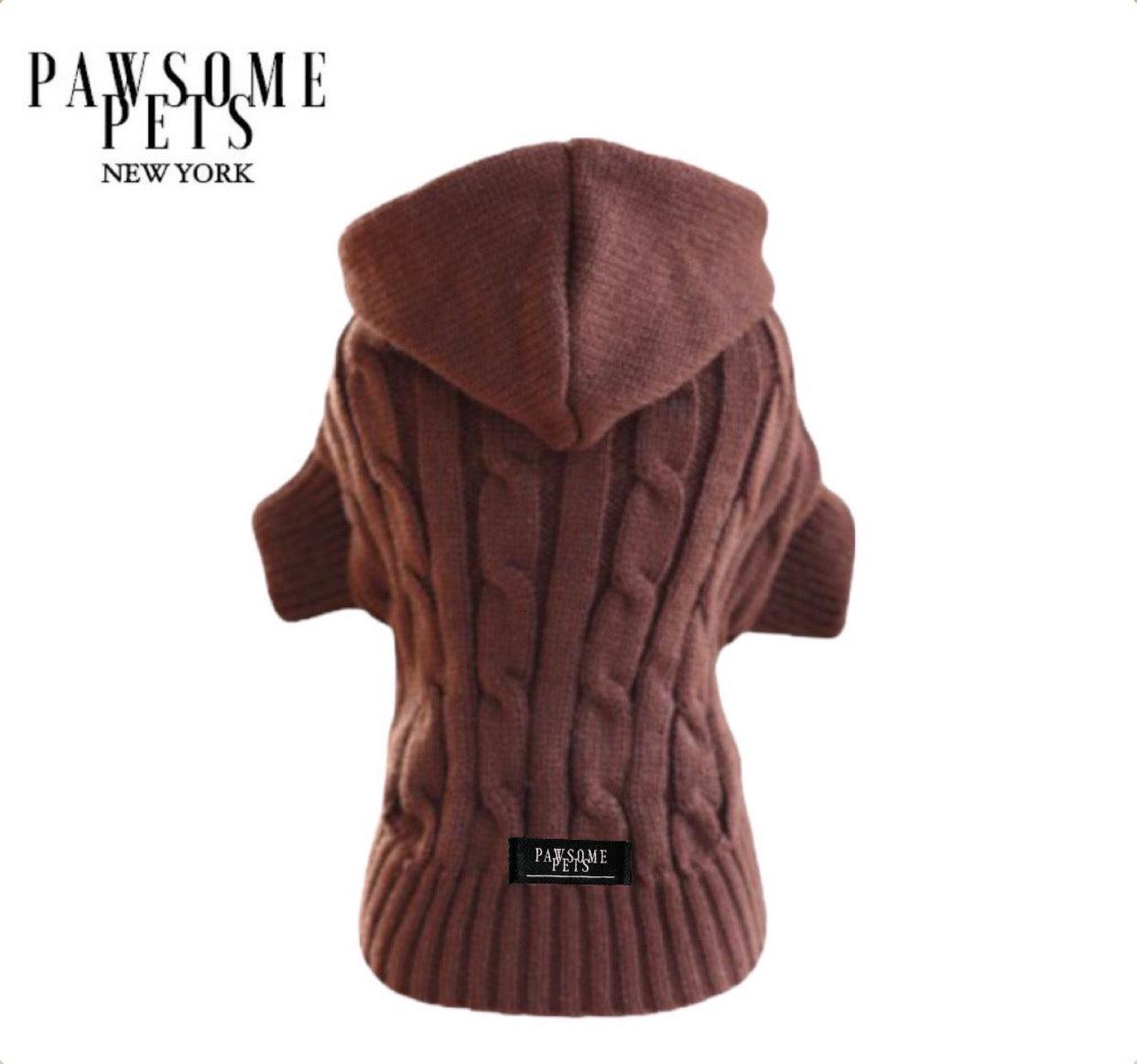 (EXTRA WARM) DOG AND CAT CABLE KNIT SWEATER WITH HAT - BROWN - Pawsomepetsnewyork