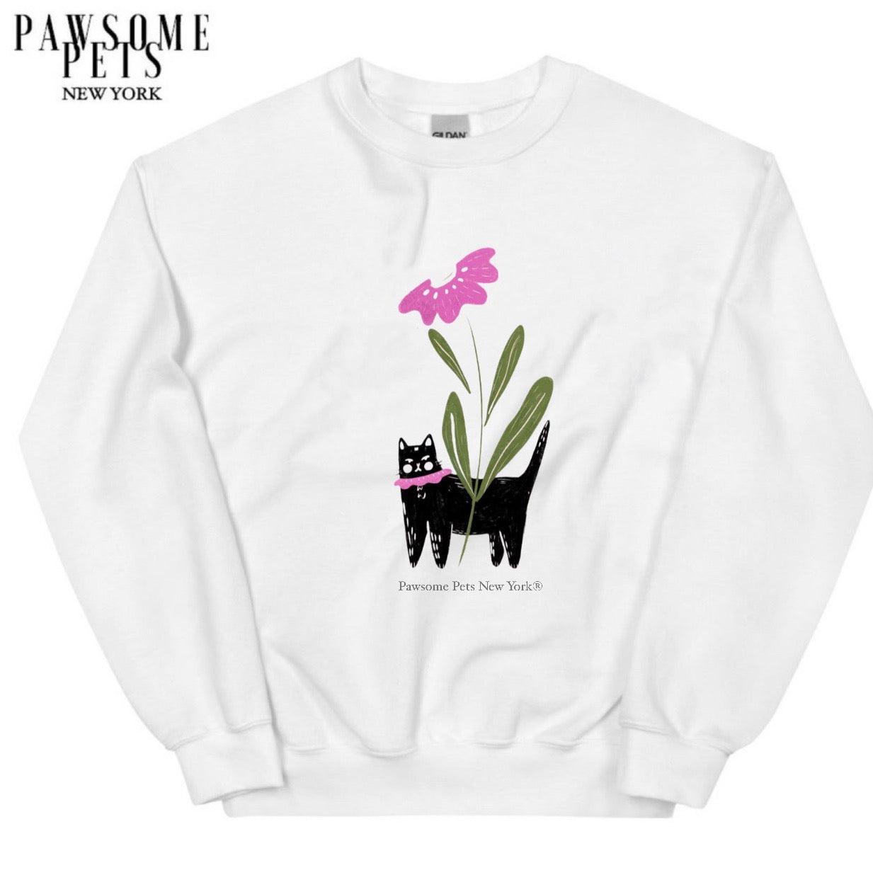 SWEATSHIRT - BLACK CAT WITH PURPLE FLOWER - Pawsomepetsnewyork